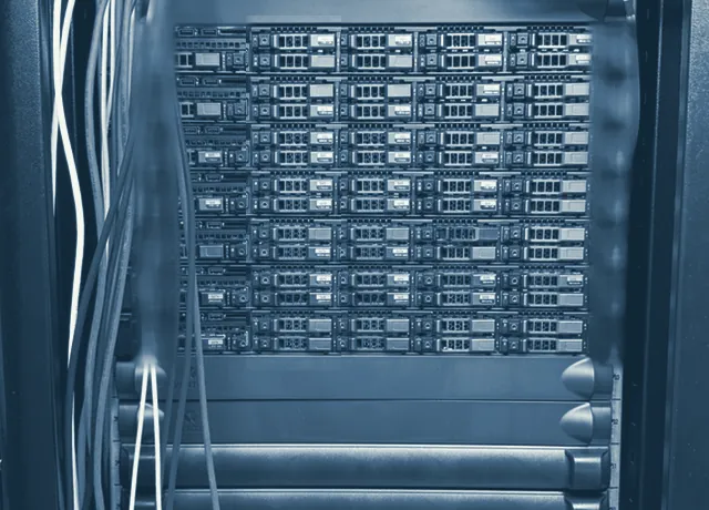 Row of rack-mounted servers at the ZGH LR18 data center, with tidy network cabling