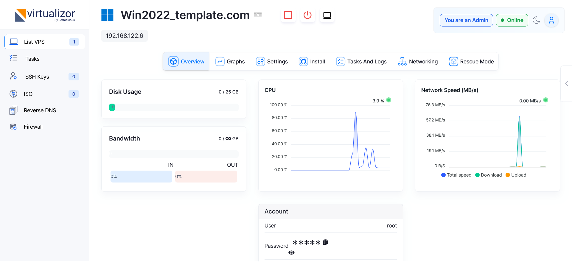 Single VPS management view in Virtualizor
